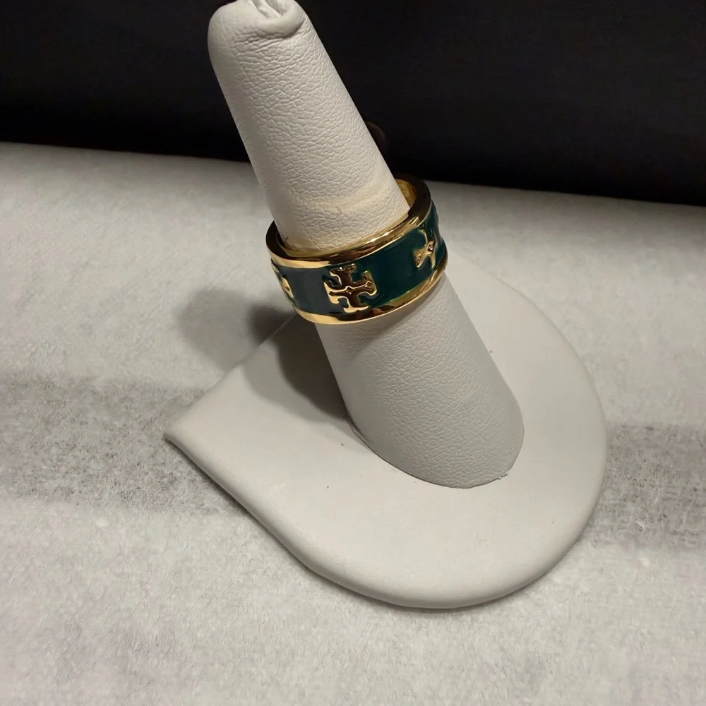 NEW Tory Burch Green Gold size 7 Kira Junky Multi Logo Ring